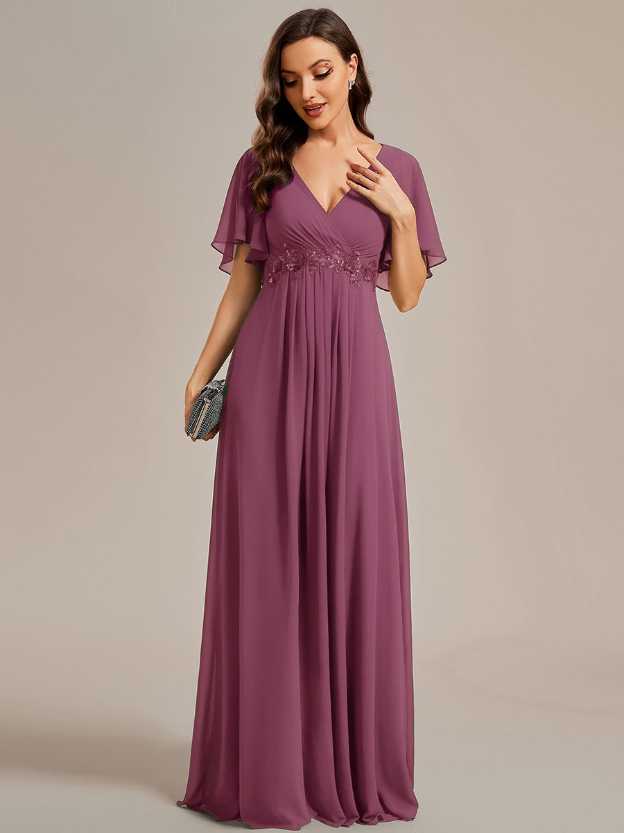 Color=Damson | Bulk Order Short Sleeve Ruffle Appliques Deep V-Neck A-Line Evening Dresses-Damson 15