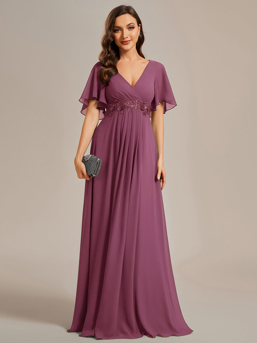 Color=Damson | Bulk Order Short Sleeve Ruffle Appliques Deep V-Neck A-Line Evening Dresses-Damson 11
