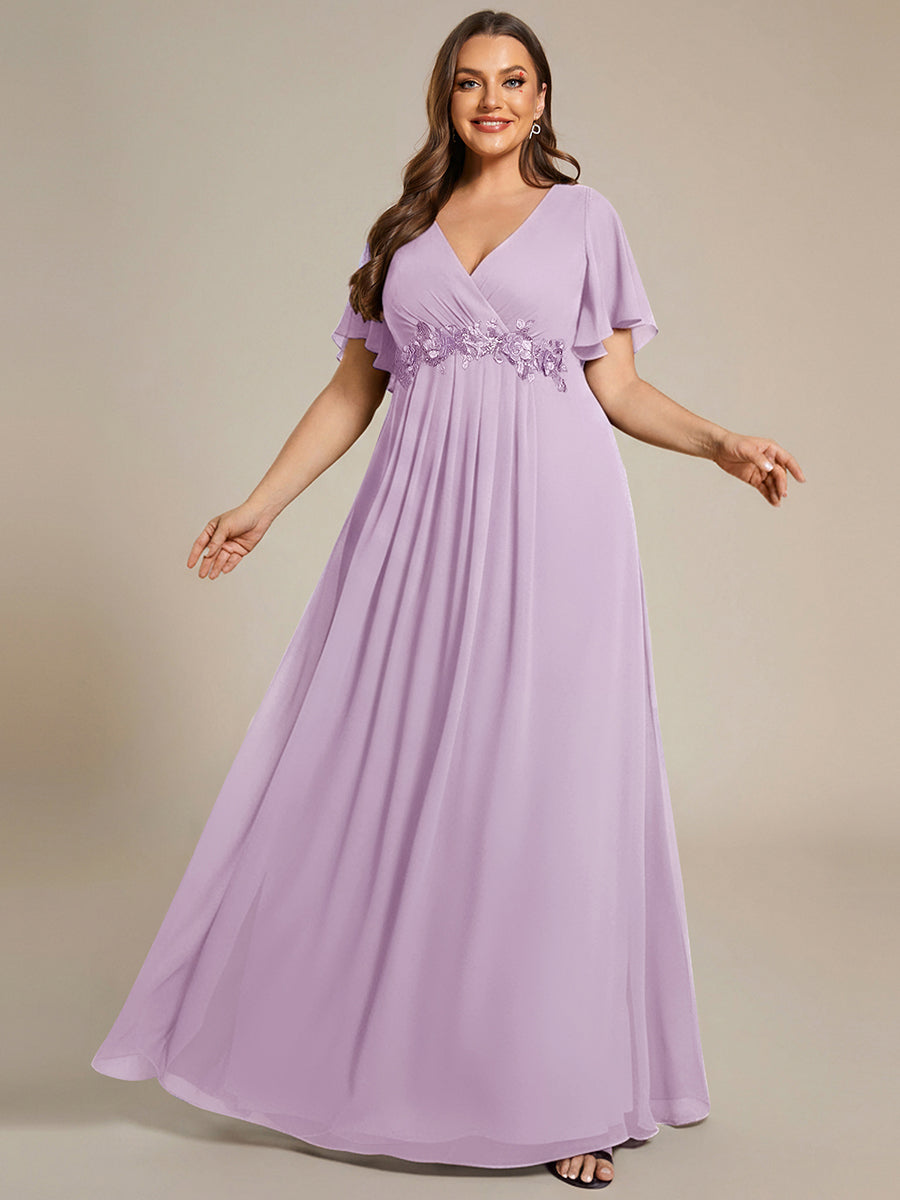 Color=Frosted Lilac | Commercial Wholesale Short Sleeve Ruffle Appliques Deep V-Neck A-Line Floor Length Evening Dresses-Frosted Lilac 6