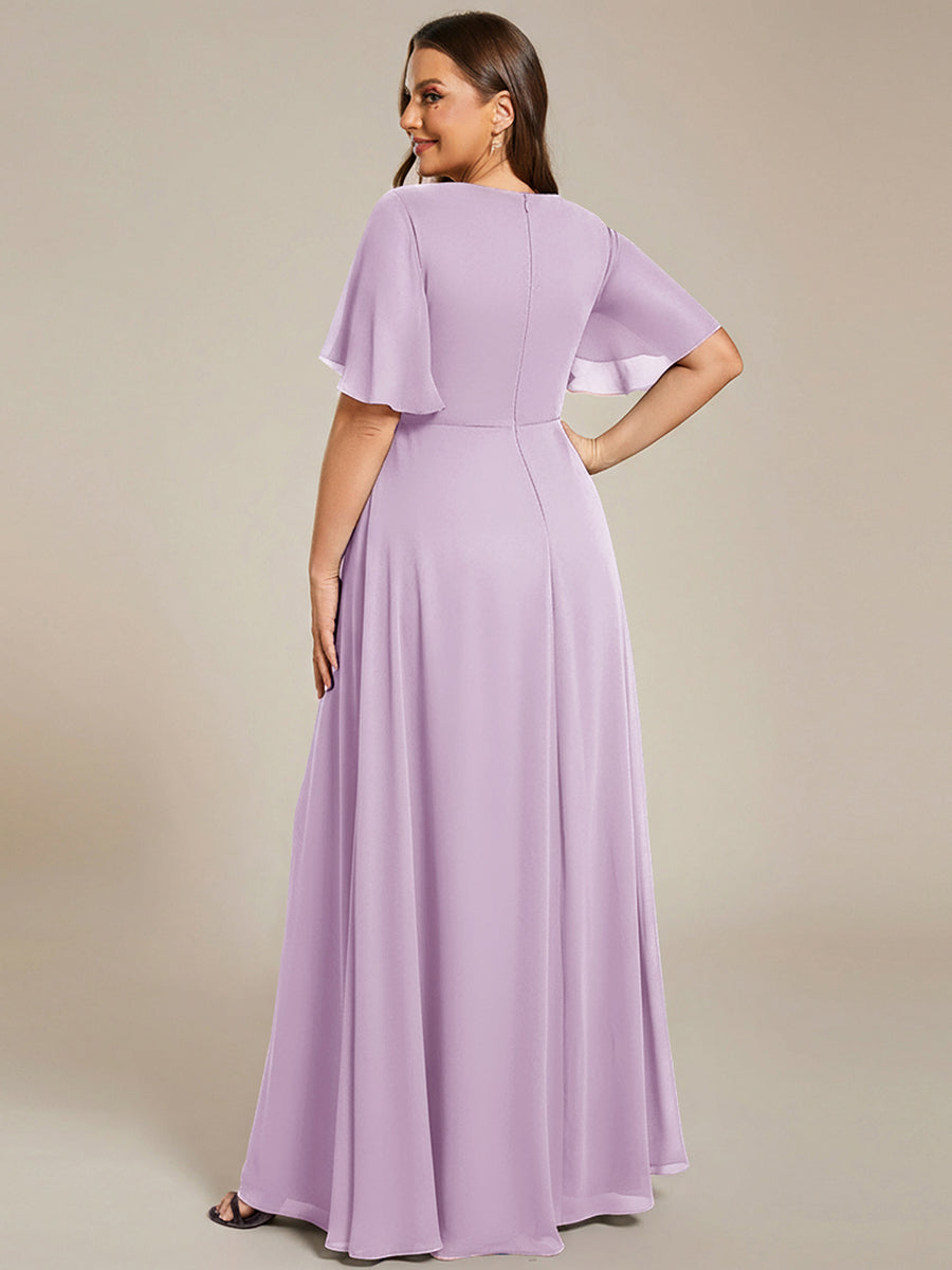 Color=Frosted Lilac | Commercial Wholesale Short Sleeve Ruffle Appliques Deep V-Neck A-Line Floor Length Evening Dresses-Frosted Lilac 7