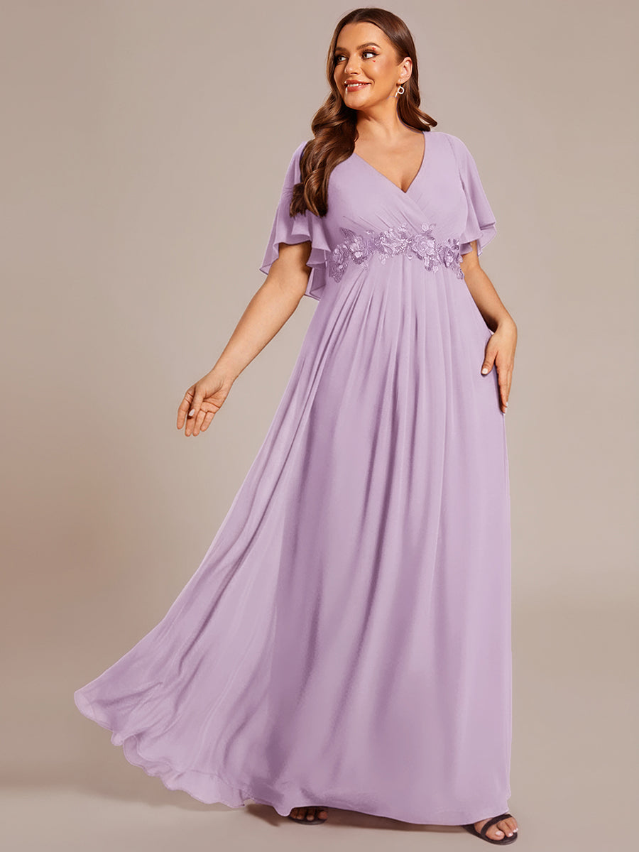 Color=Frosted Lilac | Commercial Wholesale Short Sleeve Ruffle Appliques Deep V-Neck A-Line Floor Length Evening Dresses-Frosted Lilac 9