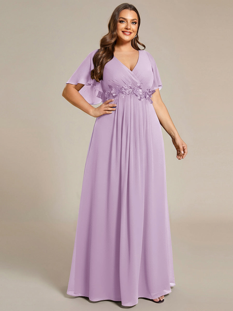 Color=Frosted Lilac | Commercial Wholesale Short Sleeve Ruffle Appliques Deep V-Neck A-Line Floor Length Evening Dresses-Frosted Lilac 10