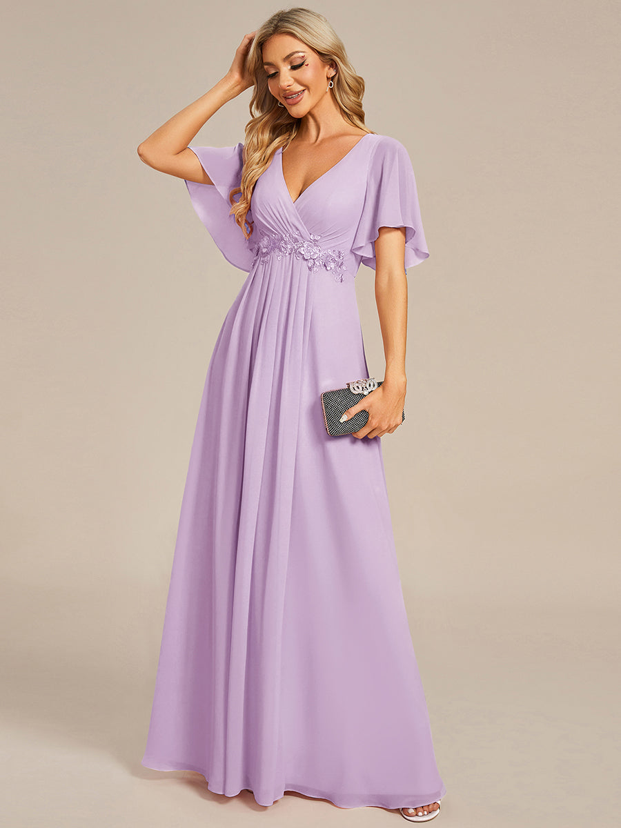 Color=Frosted Lilac | Commercial Wholesale Short Sleeve Ruffle Appliques Deep V-Neck A-Line Floor Length Evening Dresses-Frosted Lilac 5