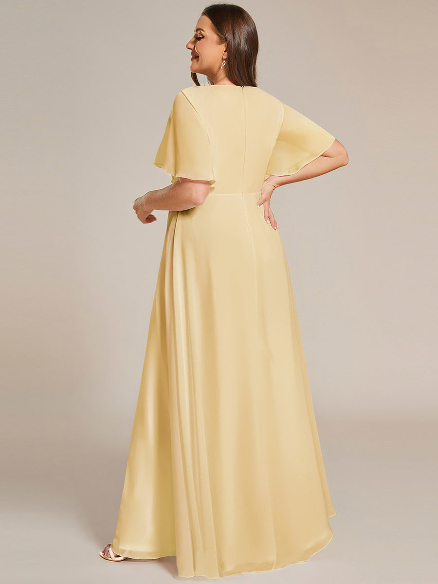 Color=Yellow | Commercial Wholesale Short Sleeve Ruffle Appliques Deep V-Neck A-Line Floor Length Evening Dresses-Yellow 17