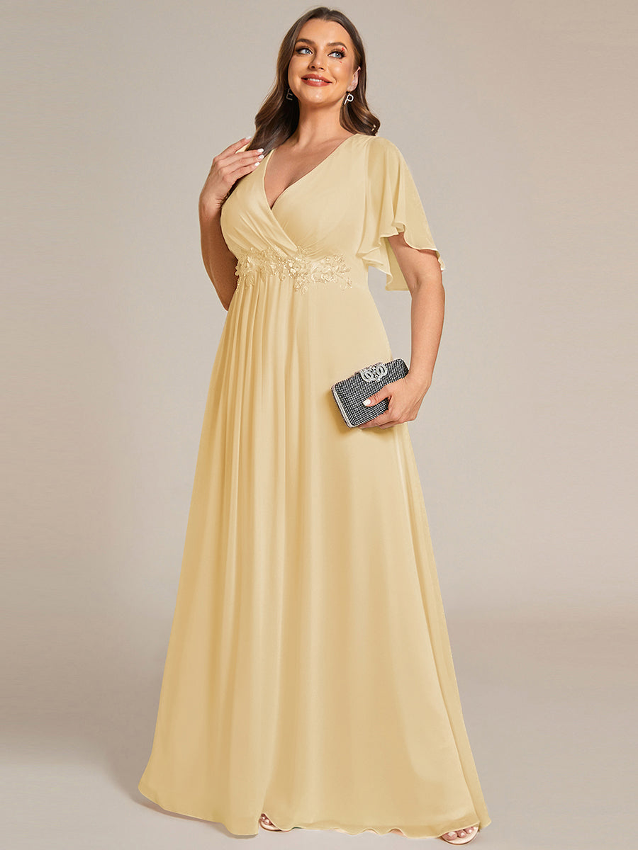 Color=Yellow | Commercial Wholesale Short Sleeve Ruffle Appliques Deep V-Neck A-Line Floor Length Evening Dresses-Yellow 19