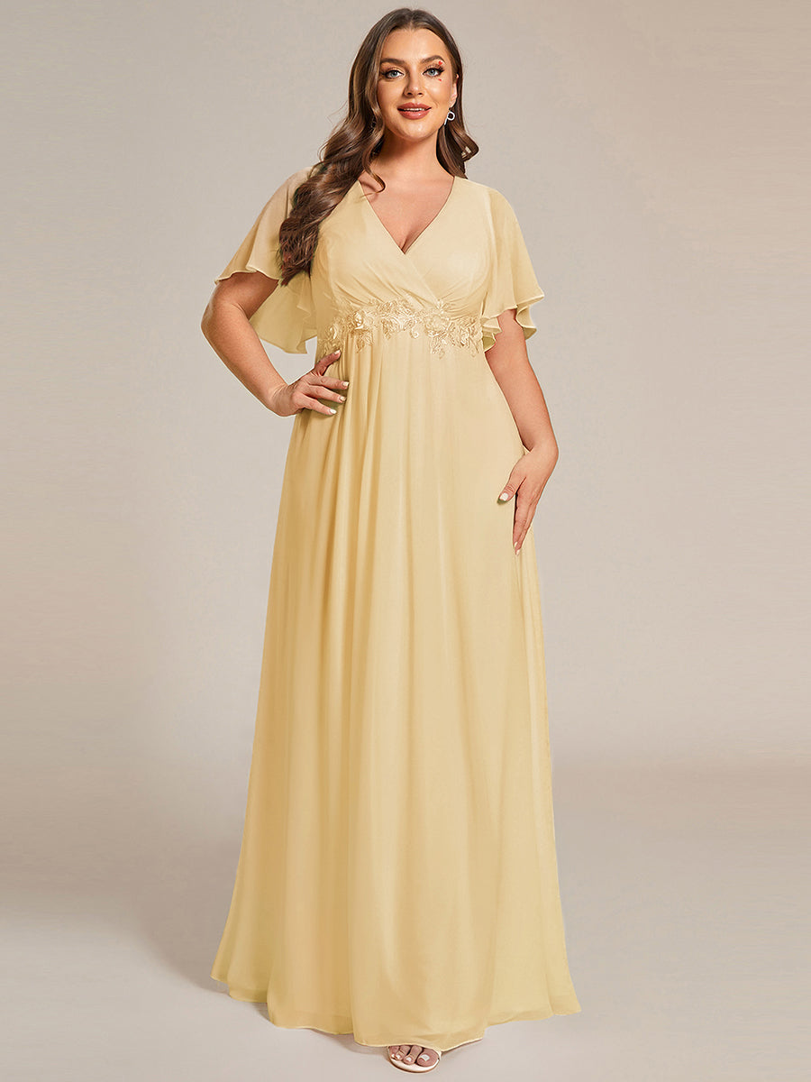 Color=Yellow | Commercial Wholesale Short Sleeve Ruffle Appliques Deep V-Neck A-Line Floor Length Evening Dresses-Yellow 20