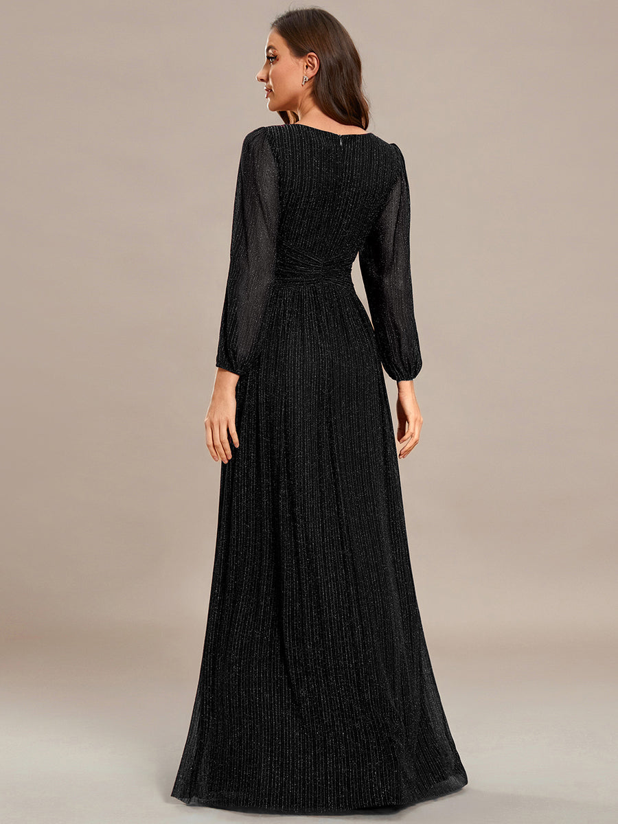 Color=Black | Maxi Long Chiffon Waist V Neck Wholesale Evening Dress with Long Sleeves-Black 2