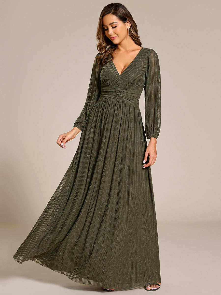 Color=Olive Green|Maxi Long Chiffon Waist V Neck Wholesale Evening Dress with Long Sleeves (Old SKU EE01961)-Olive Green