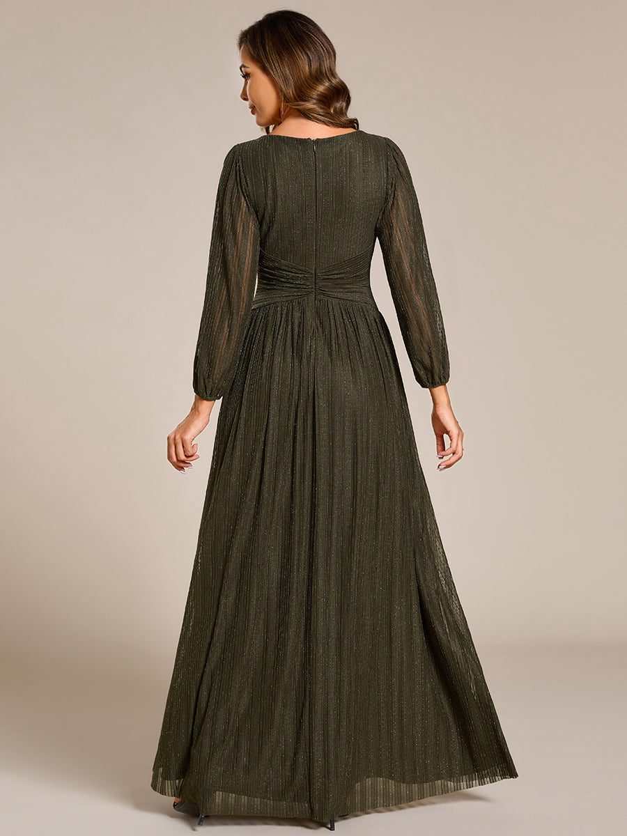 Color=Olive Green | Maxi Long Chiffon Waist V Neck Wholesale Evening Dress with Long Sleeves-Olive Green 2