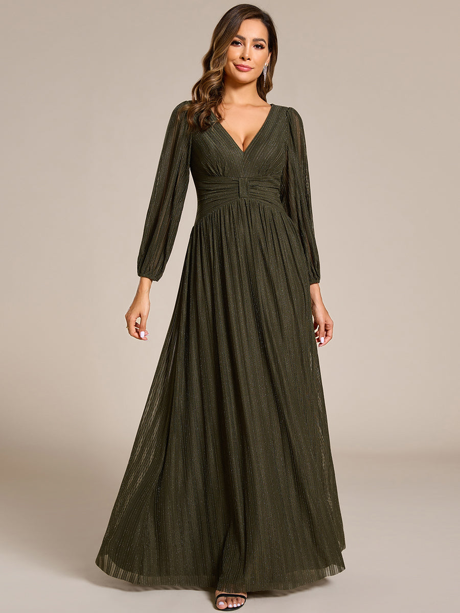 Color=Olive Green | Maxi Long Chiffon Waist V Neck Wholesale Evening Dress with Long Sleeves-Olive Green 4