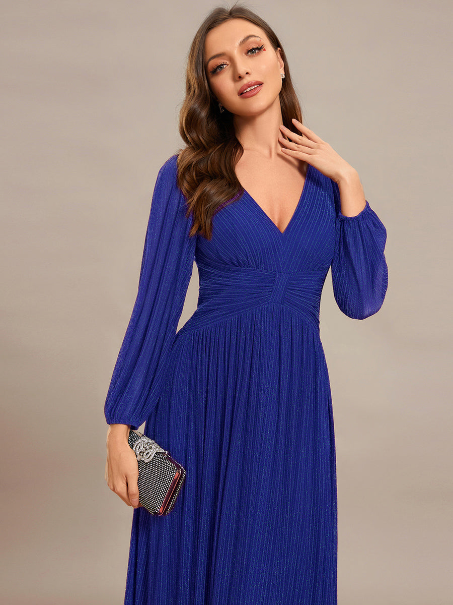 Color=Sapphire Blue | Maxi Long Chiffon Waist V Neck Wholesale Evening Dress with Long Sleeves-Sapphire Blue 5