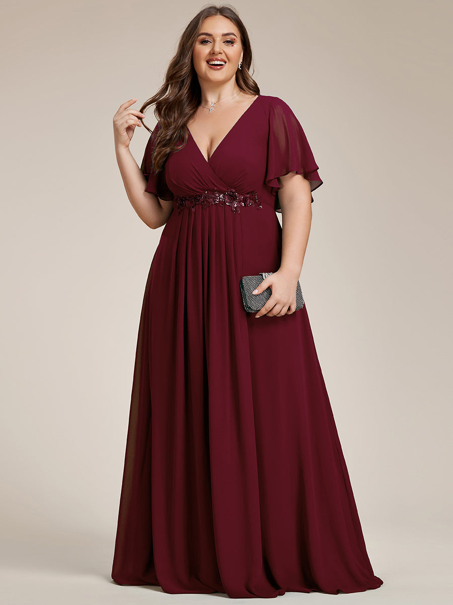 Color=Burgundy | Wholesale Pricing Short Sleeve Ruffle Appliques Deep V-Neck A-Line Floor Length Evening Dresses-Burgundy 6