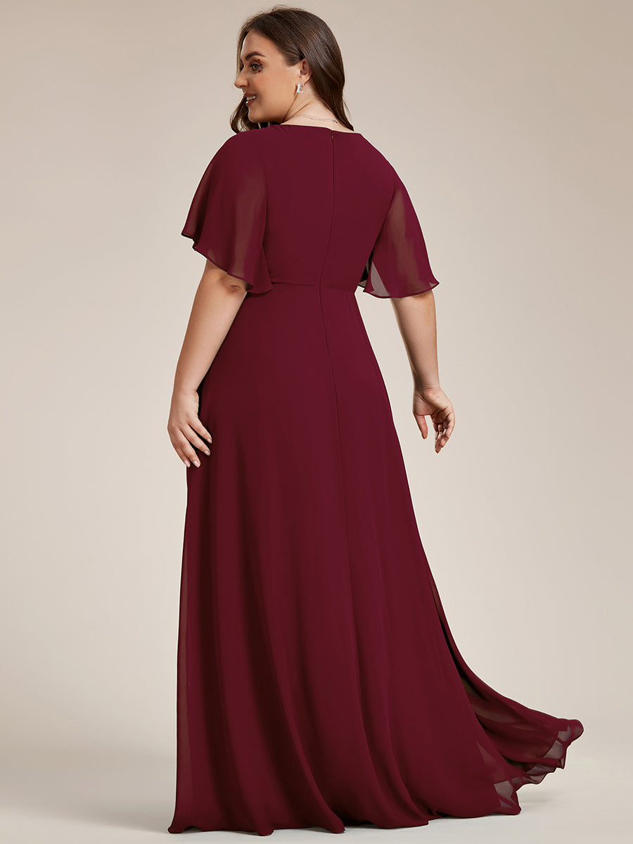 Color=Burgundy | Wholesale Pricing Short Sleeve Ruffle Appliques Deep V-Neck A-Line Floor Length Evening Dresses-Burgundy 7