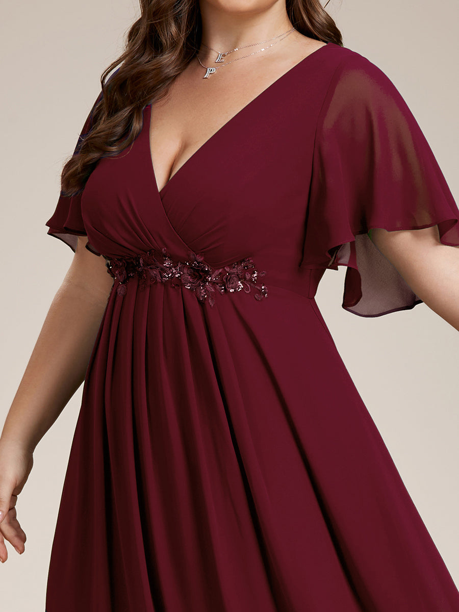 Color=Burgundy | Wholesale Pricing Short Sleeve Ruffle Appliques Deep V-Neck A-Line Floor Length Evening Dresses-Burgundy 8