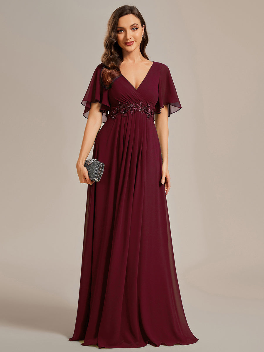 Color=Burgundy | Wholesale Pricing Short Sleeve Ruffle Appliques Deep V-Neck A-Line Floor Length Evening Dresses-Burgundy 1