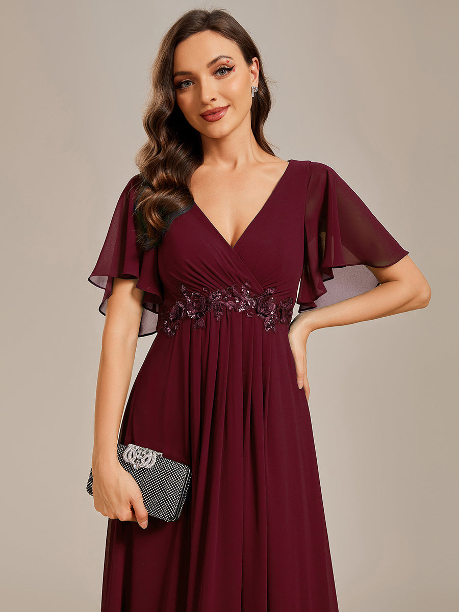 Color=Burgundy | Wholesale Pricing Short Sleeve Ruffle Appliques Deep V-Neck A-Line Floor Length Evening Dresses-Burgundy 3