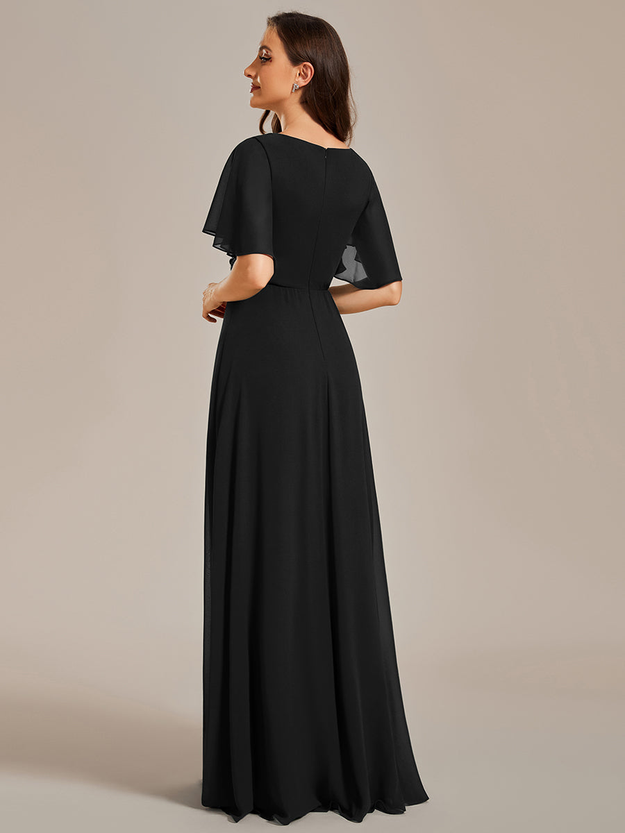 Color=Black | One Stop Shop Short Sleeve Ruffle Appliques Deep V-Neck A-Line Floor Length Evening Dresses-Black 2