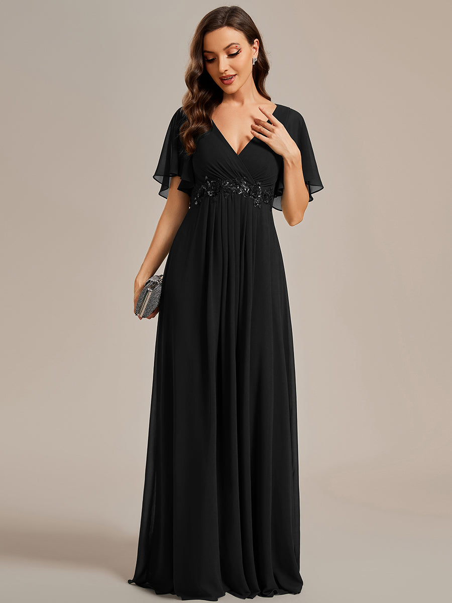 Color=Black | One Stop Shop Short Sleeve Ruffle Appliques Deep V-Neck A-Line Floor Length Evening Dresses-Black 5