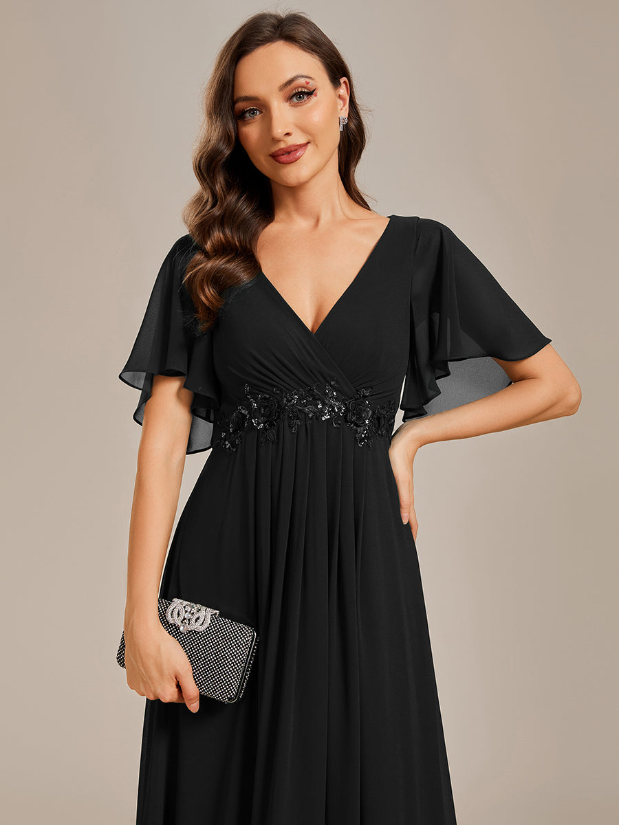 Color=Black | One Stop Shop Short Sleeve Ruffle Appliques Deep V-Neck A-Line Floor Length Evening Dresses-Black 3