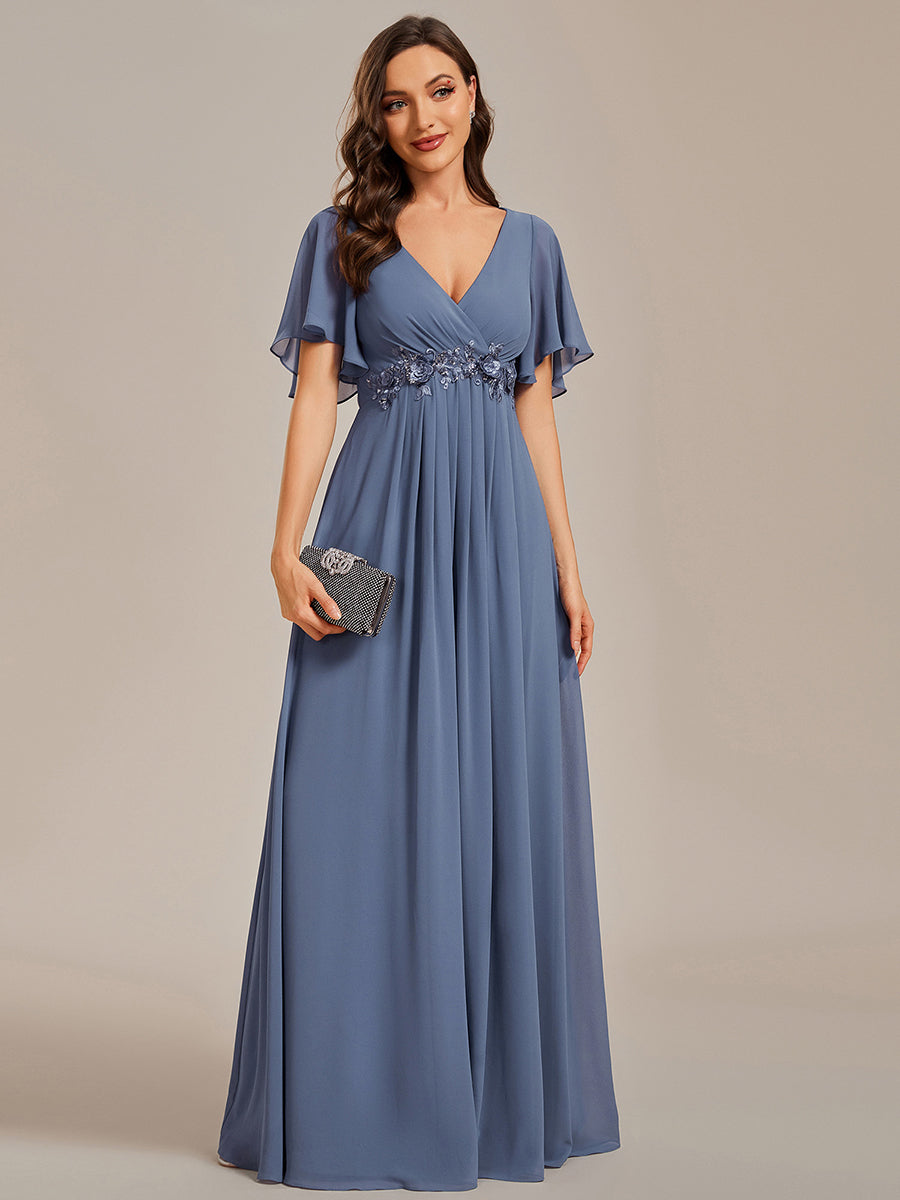 Color=Dusty Blue | Wholesale Pricing Short Sleeve Ruffle Appliques Deep V-Neck A-Line Floor Length Evening Dresses-Dusty Blue 20
