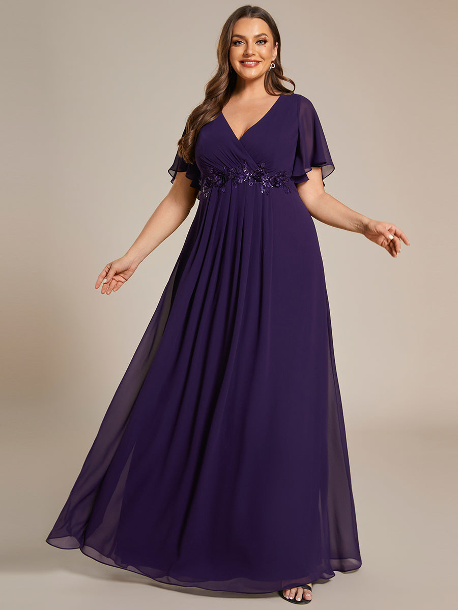 Color=Dark Purple | Wholesale Pricing Short Sleeve Ruffle Appliques Deep V-Neck A-Line Floor Length Evening Dresses-Dark Purple 31