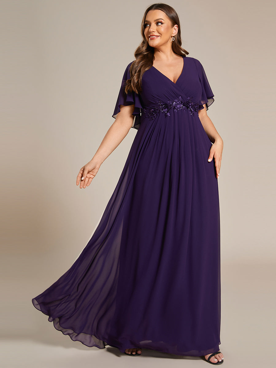 Color=Dark Purple | Wholesale Pricing Short Sleeve Ruffle Appliques Deep V-Neck A-Line Floor Length Evening Dresses-Dark Purple 34