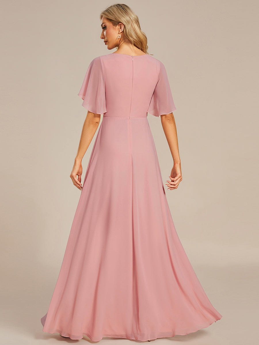 Color=Dusty Rose | Wholesale Pricing Short Sleeve Ruffle Appliques Deep V-Neck A-Line Floor Length Evening Dresses-Dusty Rose 37