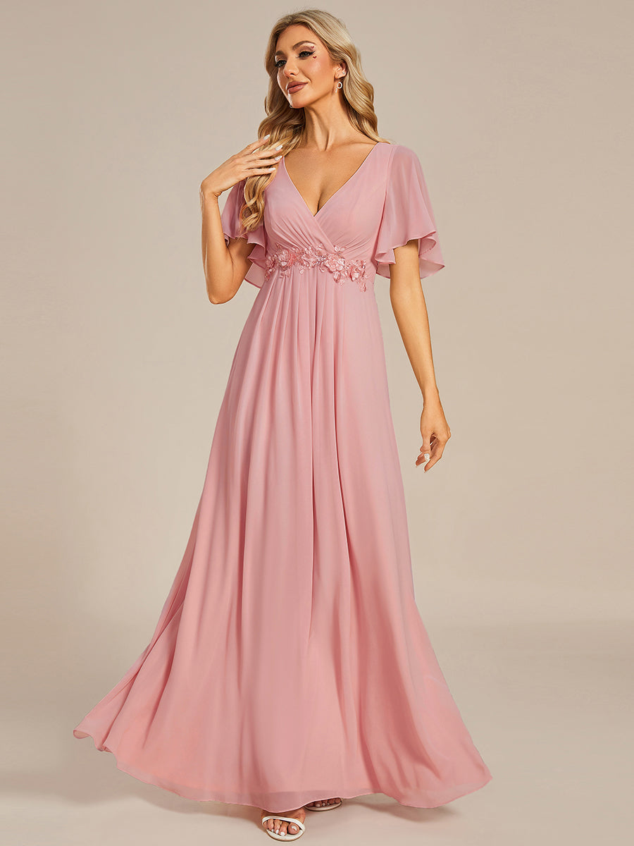 Color=Dusty Rose | Wholesale Pricing Short Sleeve Ruffle Appliques Deep V-Neck A-Line Floor Length Evening Dresses-Dusty Rose 39