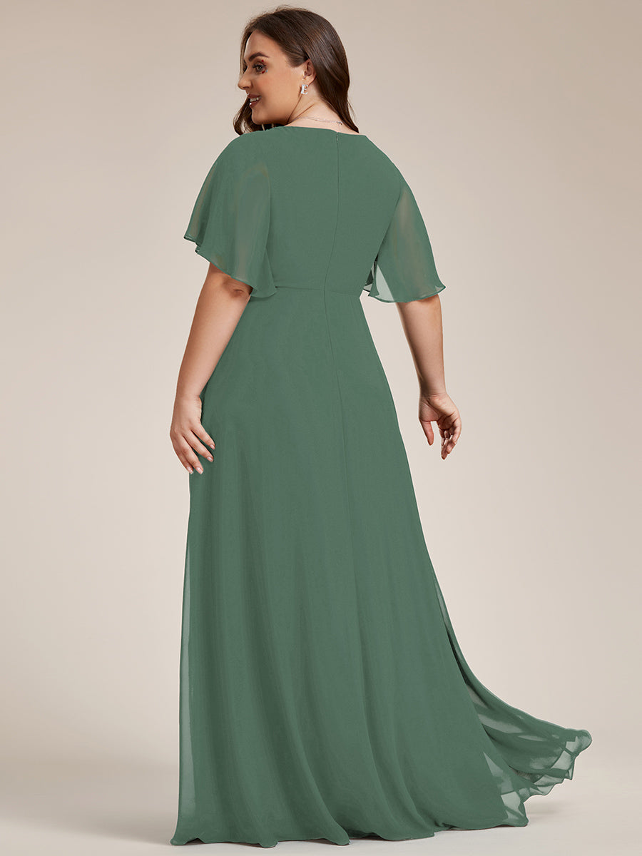 Color=Eucalyptus | Wholesale Pricing Short Sleeve Ruffle Appliques Deep V-Neck A-Line Floor Length Evening Dresses-Eucalyptus 52