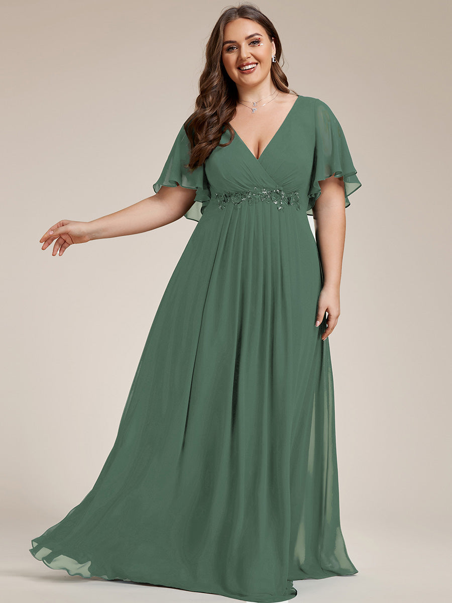 Color=Eucalyptus | Wholesale Pricing Short Sleeve Ruffle Appliques Deep V-Neck A-Line Floor Length Evening Dresses-Eucalyptus 54