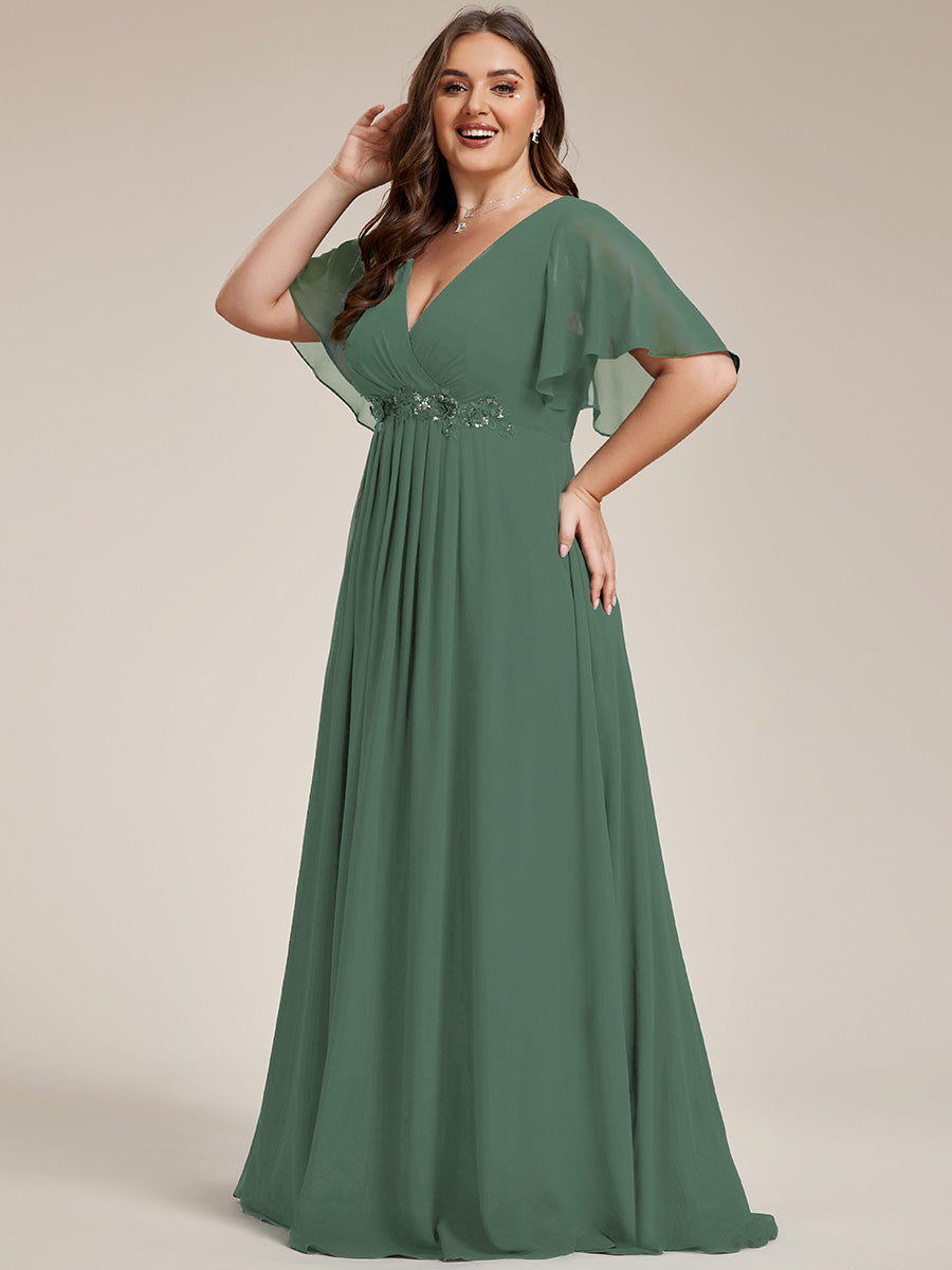 Color=Eucalyptus | Wholesale Pricing Short Sleeve Ruffle Appliques Deep V-Neck A-Line Floor Length Evening Dresses-Eucalyptus 55
