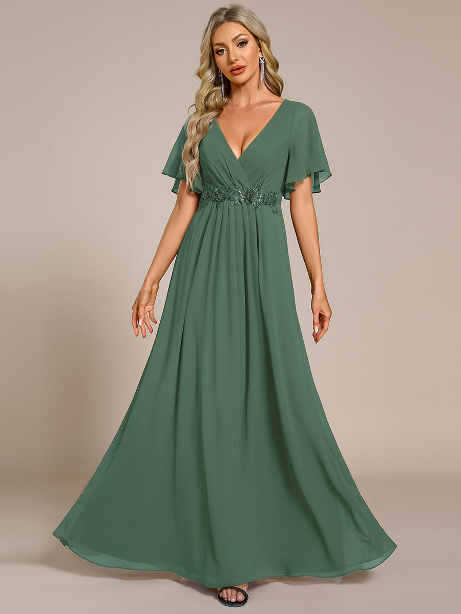 Color=Eucalyptus | Wholesale Pricing Short Sleeve Ruffle Appliques Deep V-Neck A-Line Floor Length Evening Dresses-Eucalyptus 46