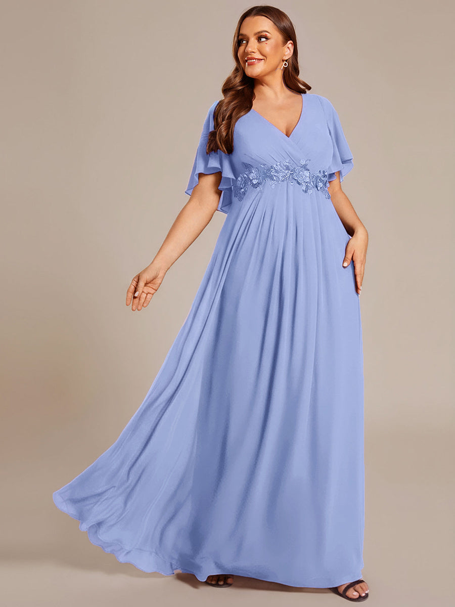 Color=Cornflower Blue | Industrial Use Short Sleeve Ruffle A-Line Floor Length Non-Stretch Evening Dresses-Cornflower Blue 9