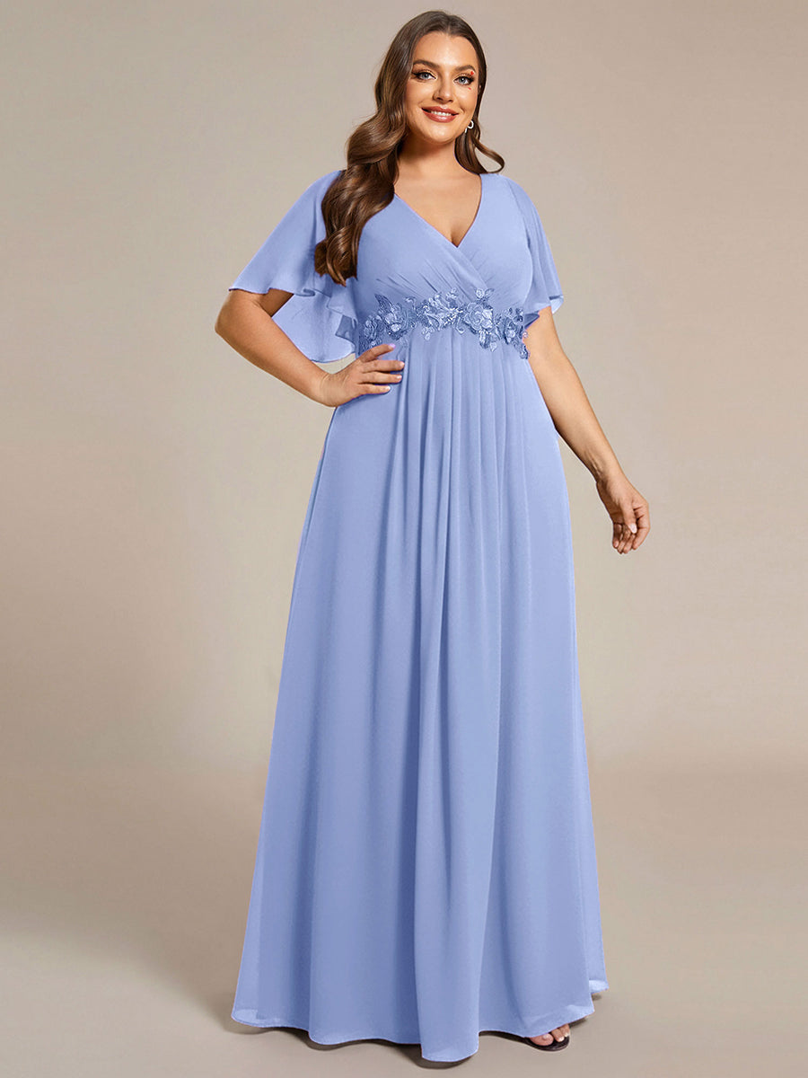Color=Cornflower Blue | Industrial Use Short Sleeve Ruffle A-Line Floor Length Non-Stretch Evening Dresses-Cornflower Blue 10