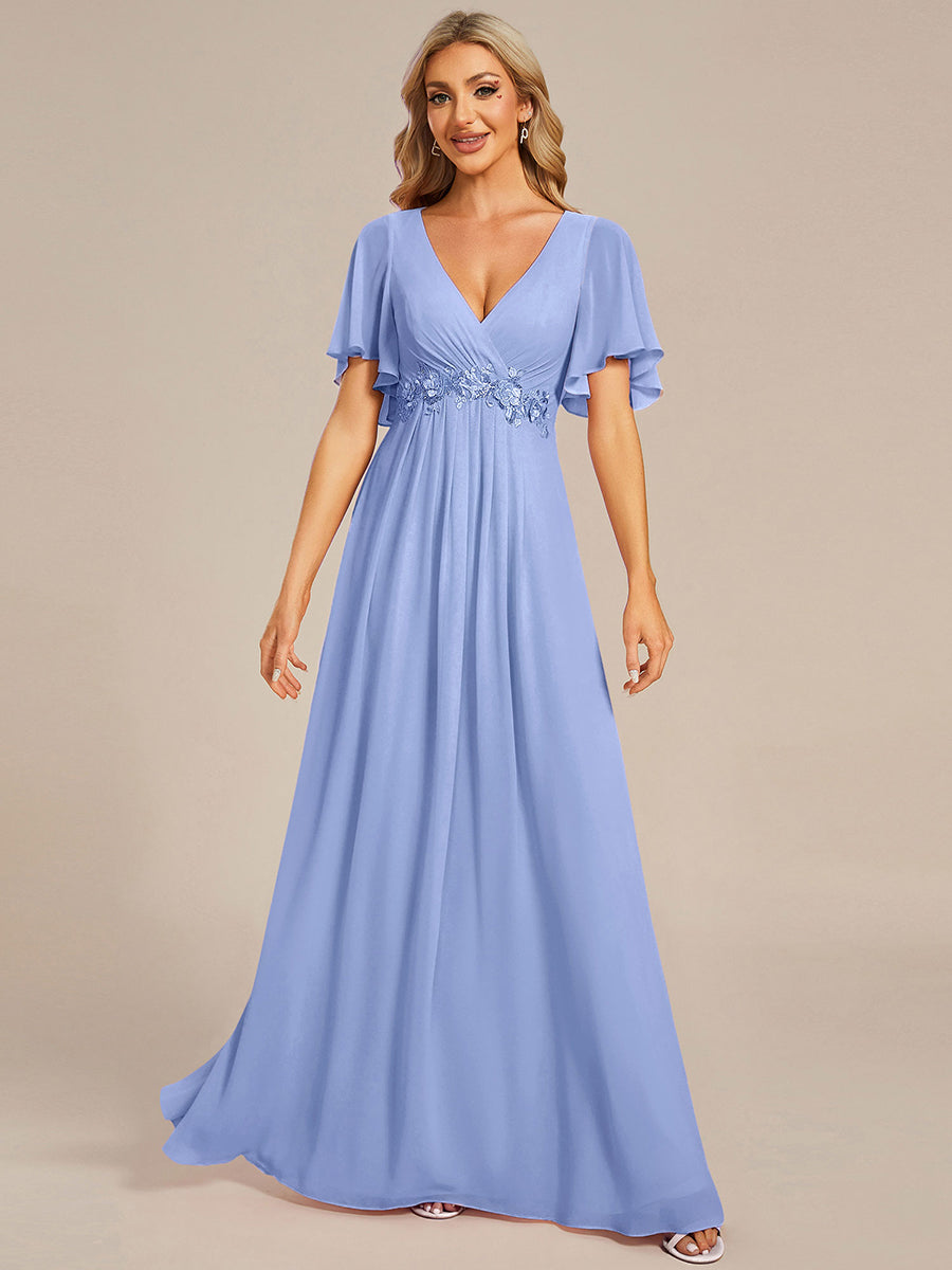 Color=Cornflower Blue | Industrial Use Short Sleeve Ruffle A-Line Floor Length Non-Stretch Evening Dresses-Cornflower Blue 1