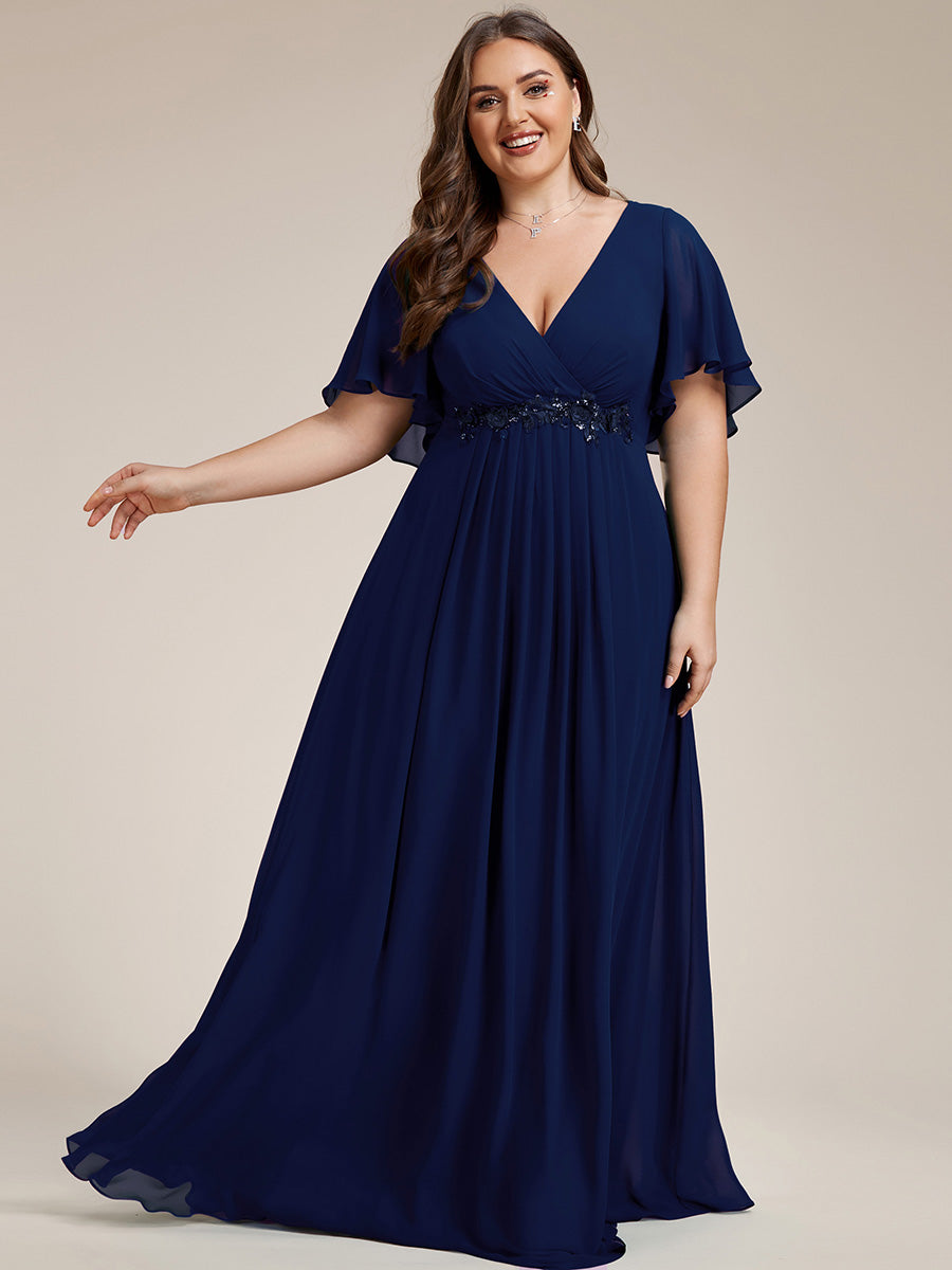 Color=Navy Blue | Wholesale Pricing Short Sleeve Ruffle Appliques Deep V-Neck A-Line Floor Length Evening Dresses-Navy Blue 64