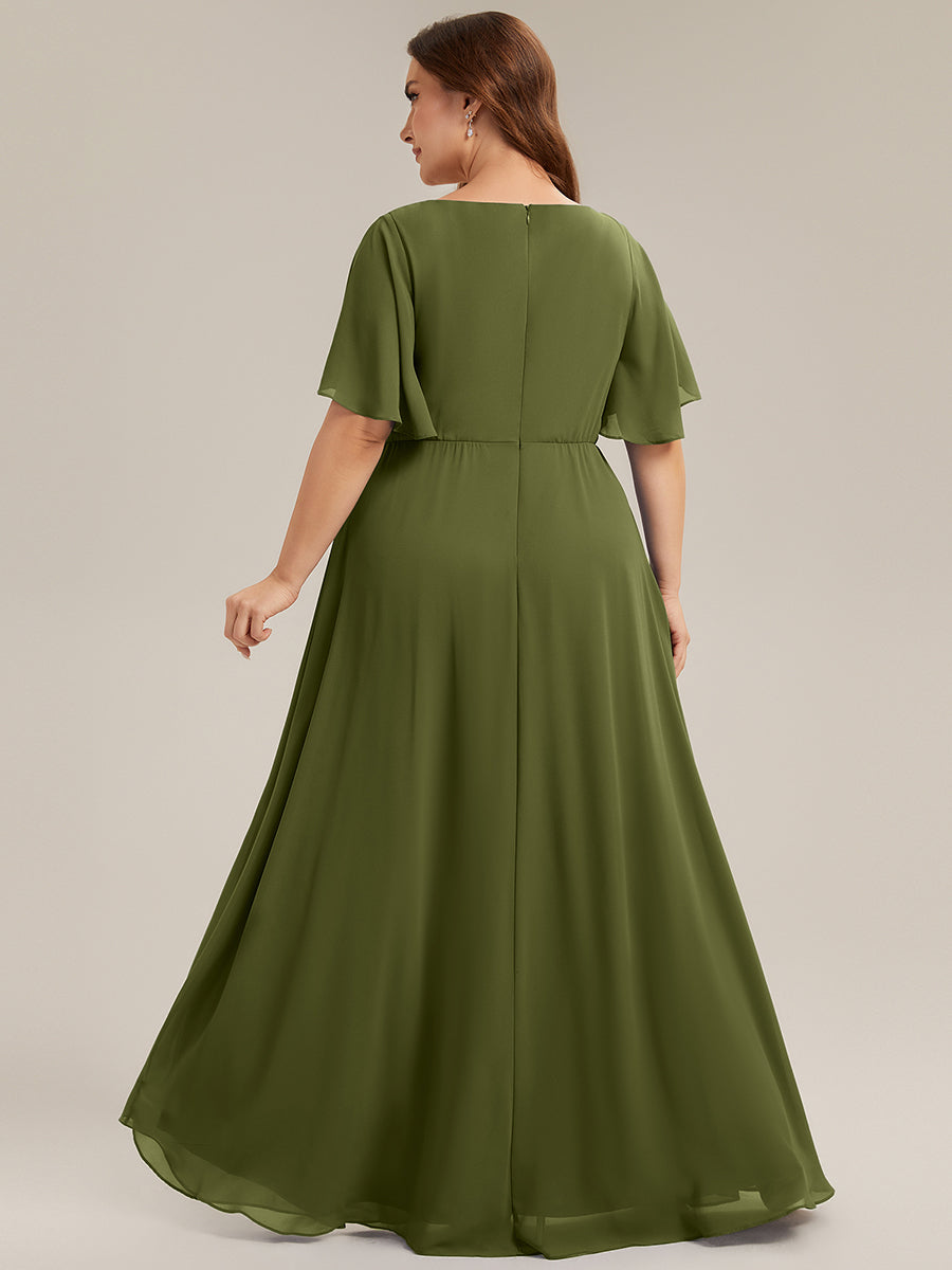 Color=Olive Green | Industrial Use Short Sleeve Ruffle A-Line Floor Length Non-Stretch Evening Dresses-Olive Green 27