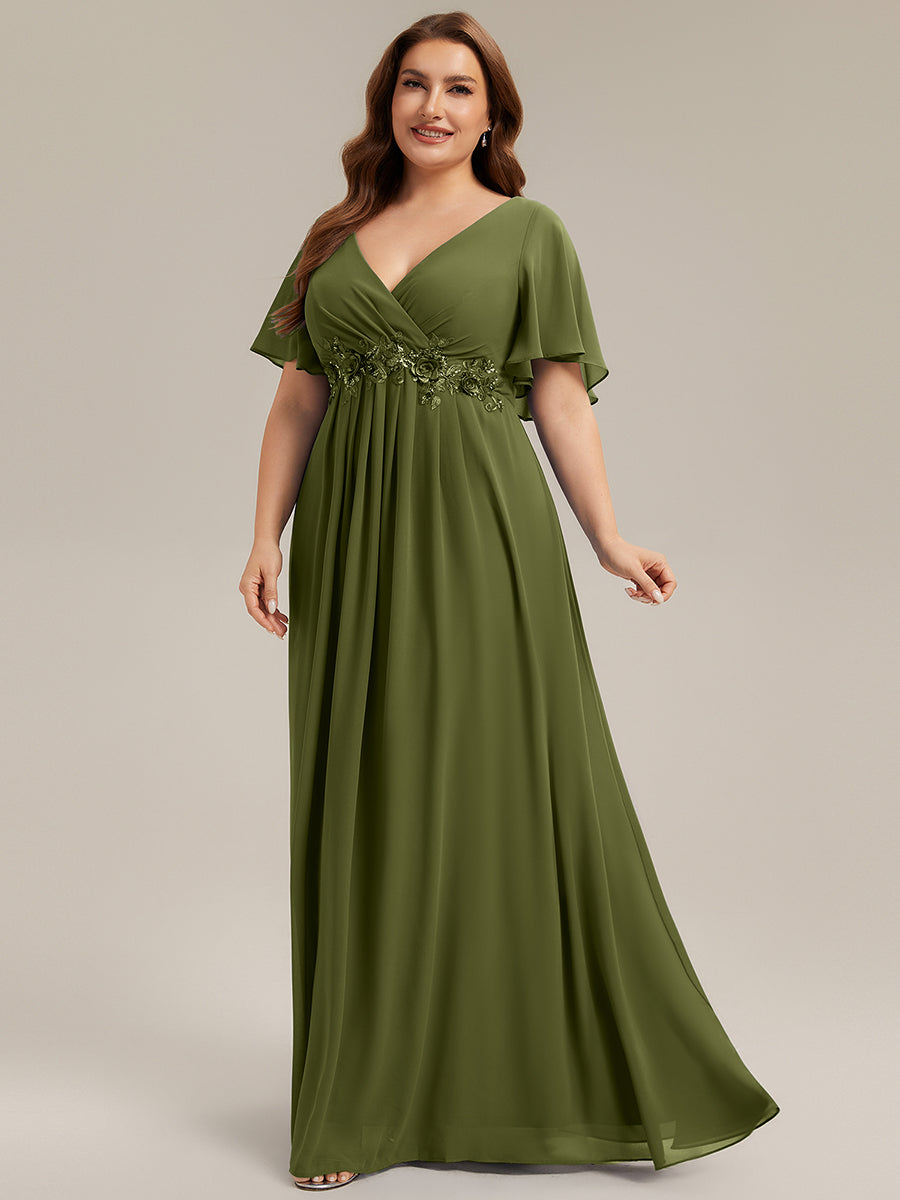 Color=Olive Green | Industrial Use Short Sleeve Ruffle A-Line Floor Length Non-Stretch Evening Dresses-Olive Green 29
