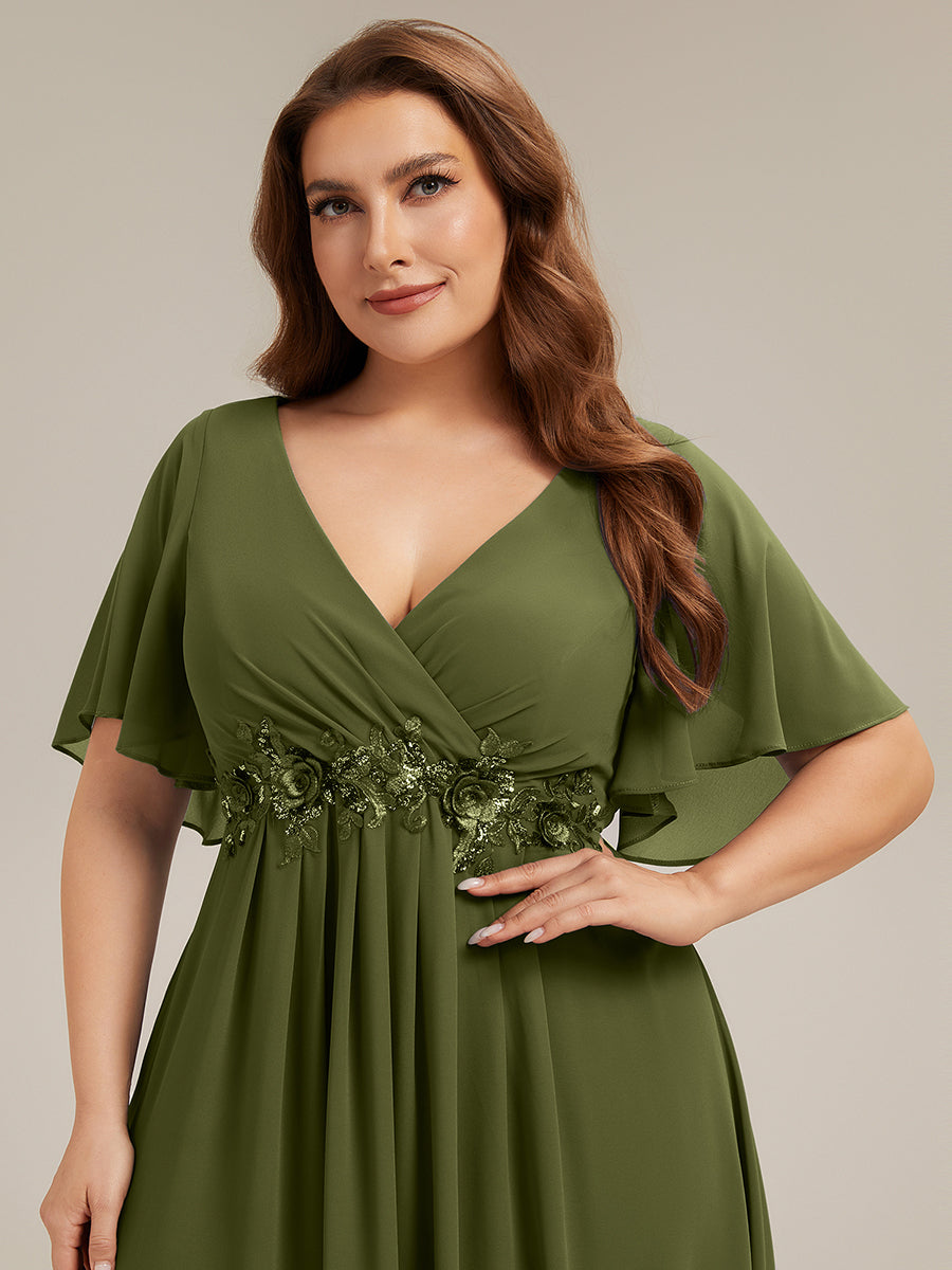 Color=Olive Green | Industrial Use Short Sleeve Ruffle A-Line Floor Length Non-Stretch Evening Dresses-Olive Green 28