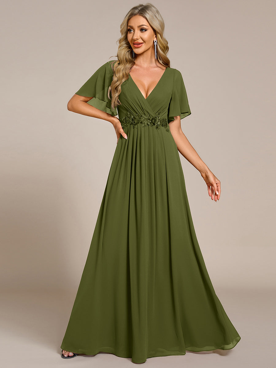 Color=Olive Green | Industrial Use Short Sleeve Ruffle A-Line Floor Length Non-Stretch Evening Dresses-Olive Green 24
