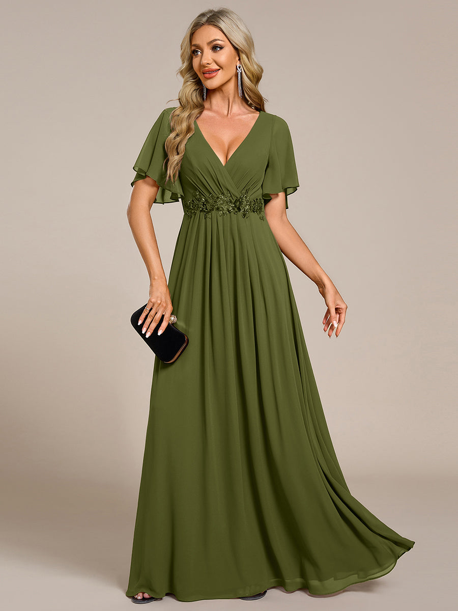 Color=Olive Green | Industrial Use Short Sleeve Ruffle A-Line Floor Length Non-Stretch Evening Dresses-Olive Green 25