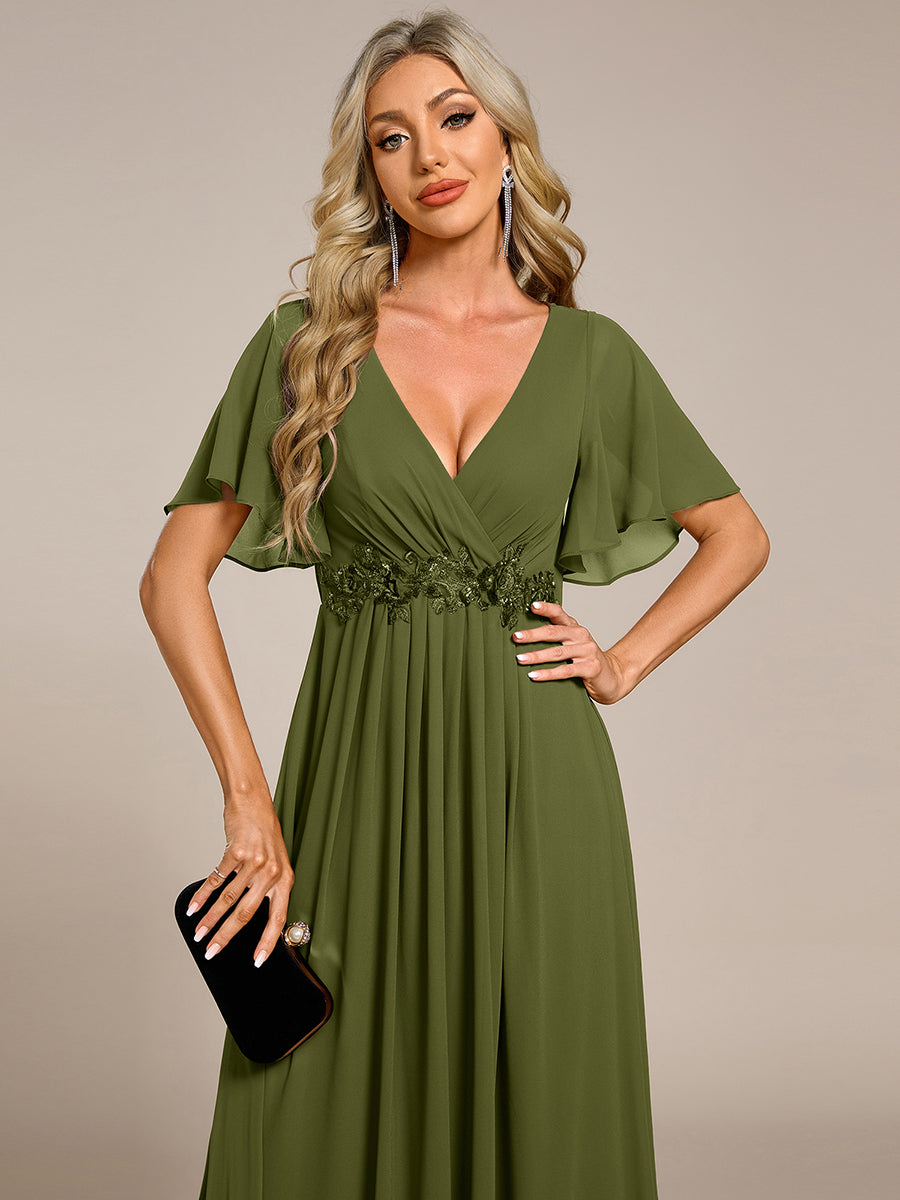 Color=Olive Green | Industrial Use Short Sleeve Ruffle A-Line Floor Length Non-Stretch Evening Dresses-Olive Green 23