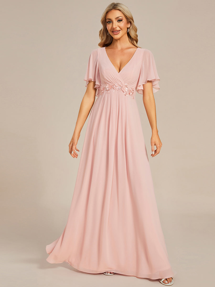 Color=Pink | Wholesale Pricing Short Sleeve Ruffle Appliques Deep V-Neck A-Line Floor Length Evening Dresses-Pink 76