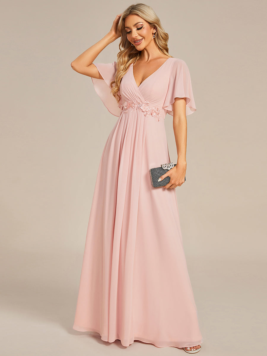 Color=Pink | Wholesale Pricing Short Sleeve Ruffle Appliques Deep V-Neck A-Line Floor Length Evening Dresses-Pink 80
