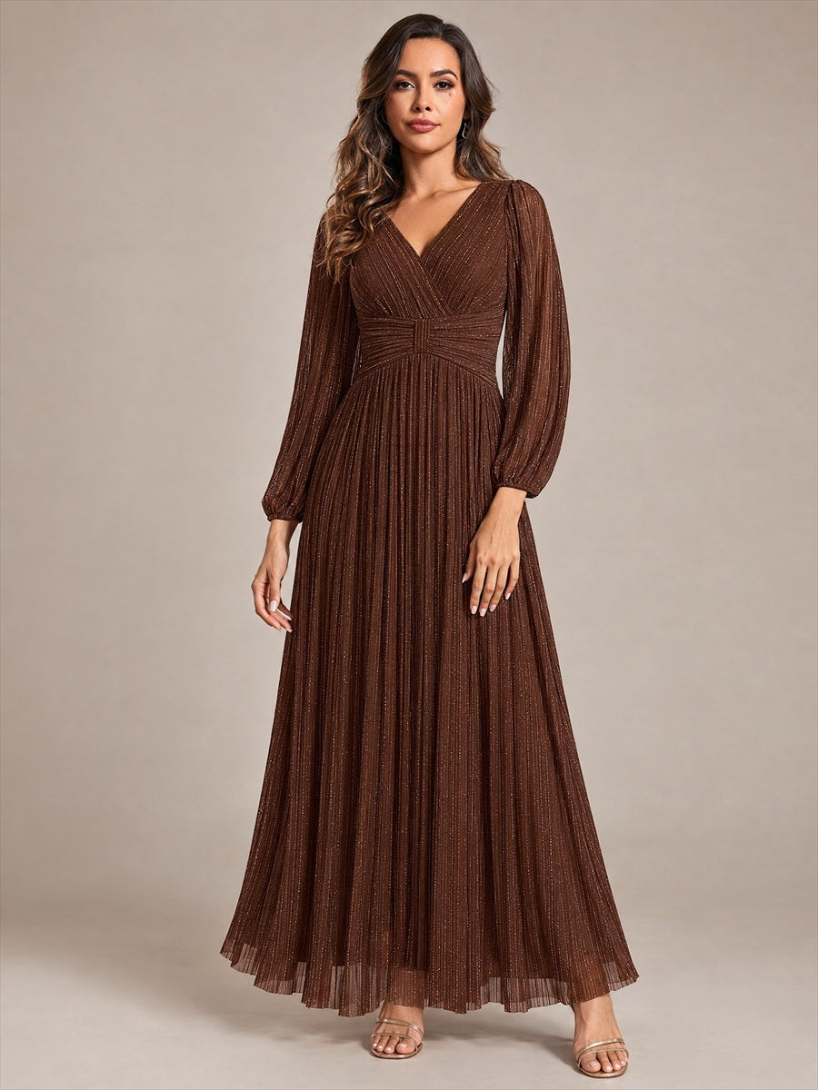 Color=Chocolate Brown | Maxi Long Chiffon Waist V Neck Wholesale Evening Dress with Long Sleeves-Chocolate Brown 3