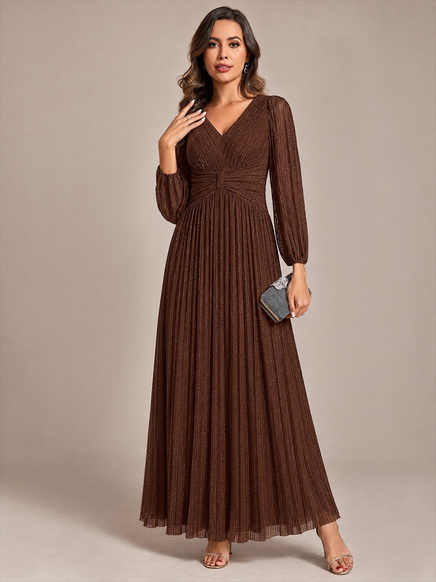 Color=Chocolate Brown | Maxi Long Chiffon Waist V Neck Wholesale Evening Dress with Long Sleeves-Chocolate Brown 4