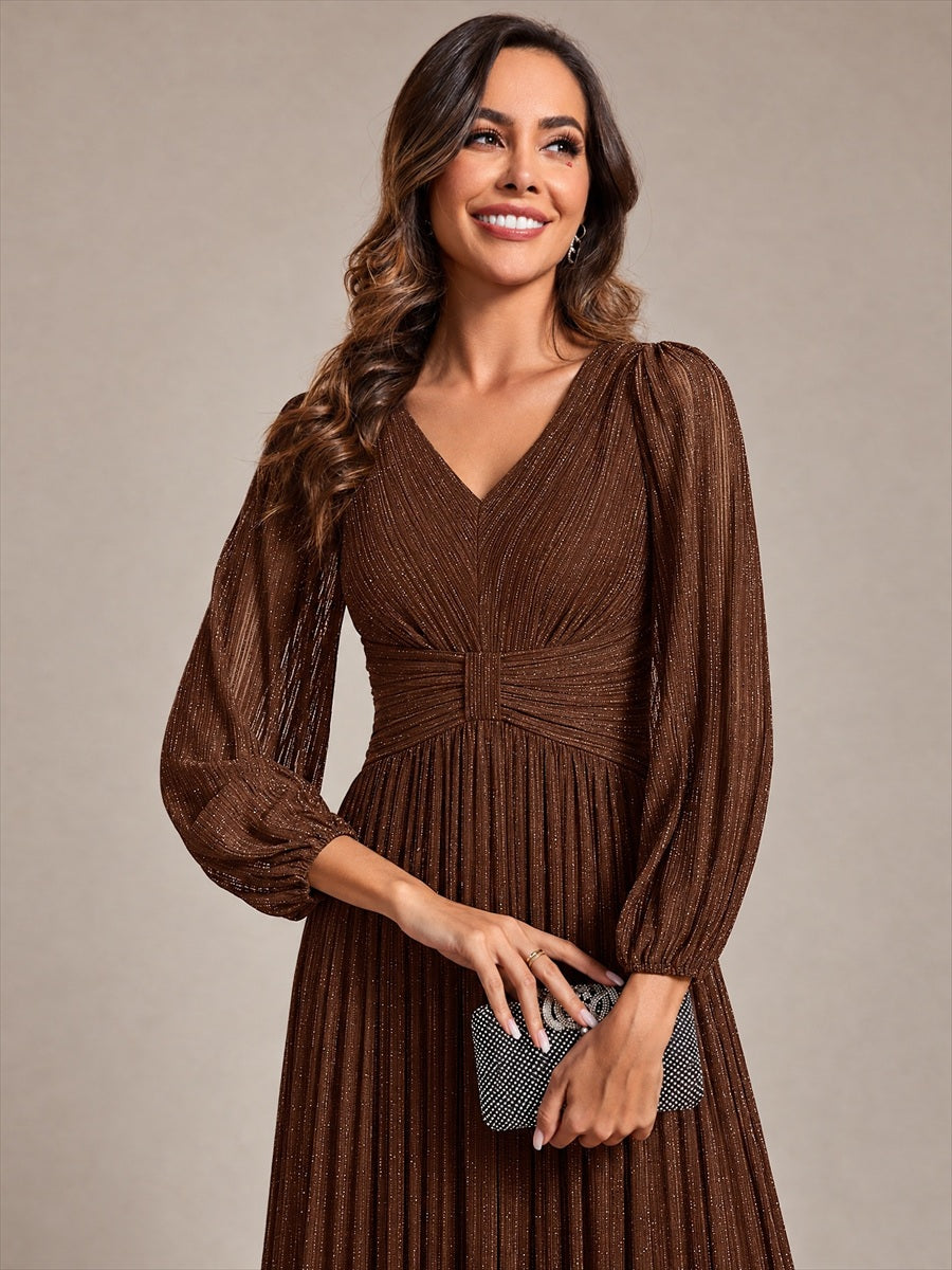 Color=Chocolate Brown | Maxi Long Chiffon Waist V Neck Wholesale Evening Dress with Long Sleeves-Chocolate Brown 5