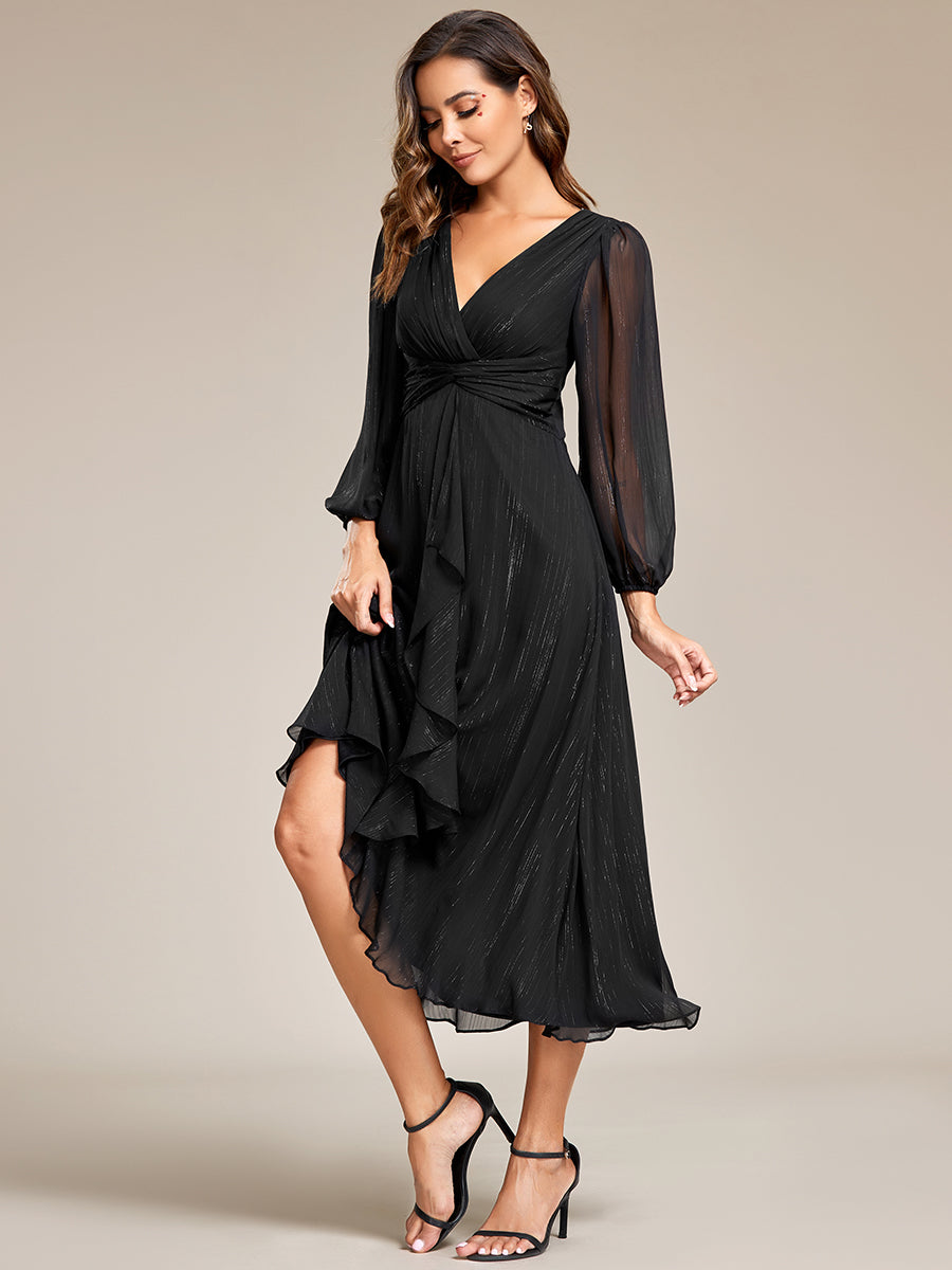 Color=Black | Shiny Chiffon Wholesale Wedding Guest Dresses with Long Sleeve-Black 3
