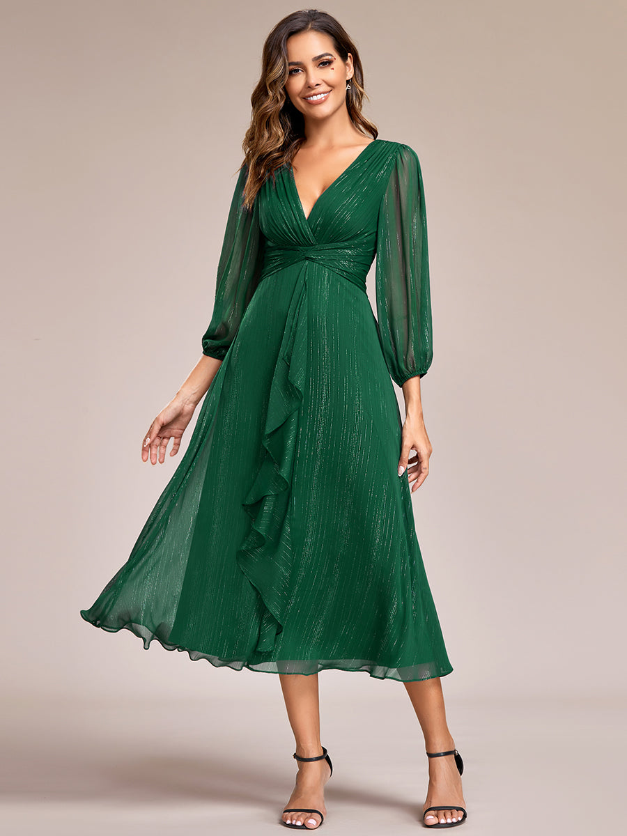 Color=Dark Green | Shiny Chiffon Wholesale Wedding Guest Dresses with Long Sleeve-Dark Green 1