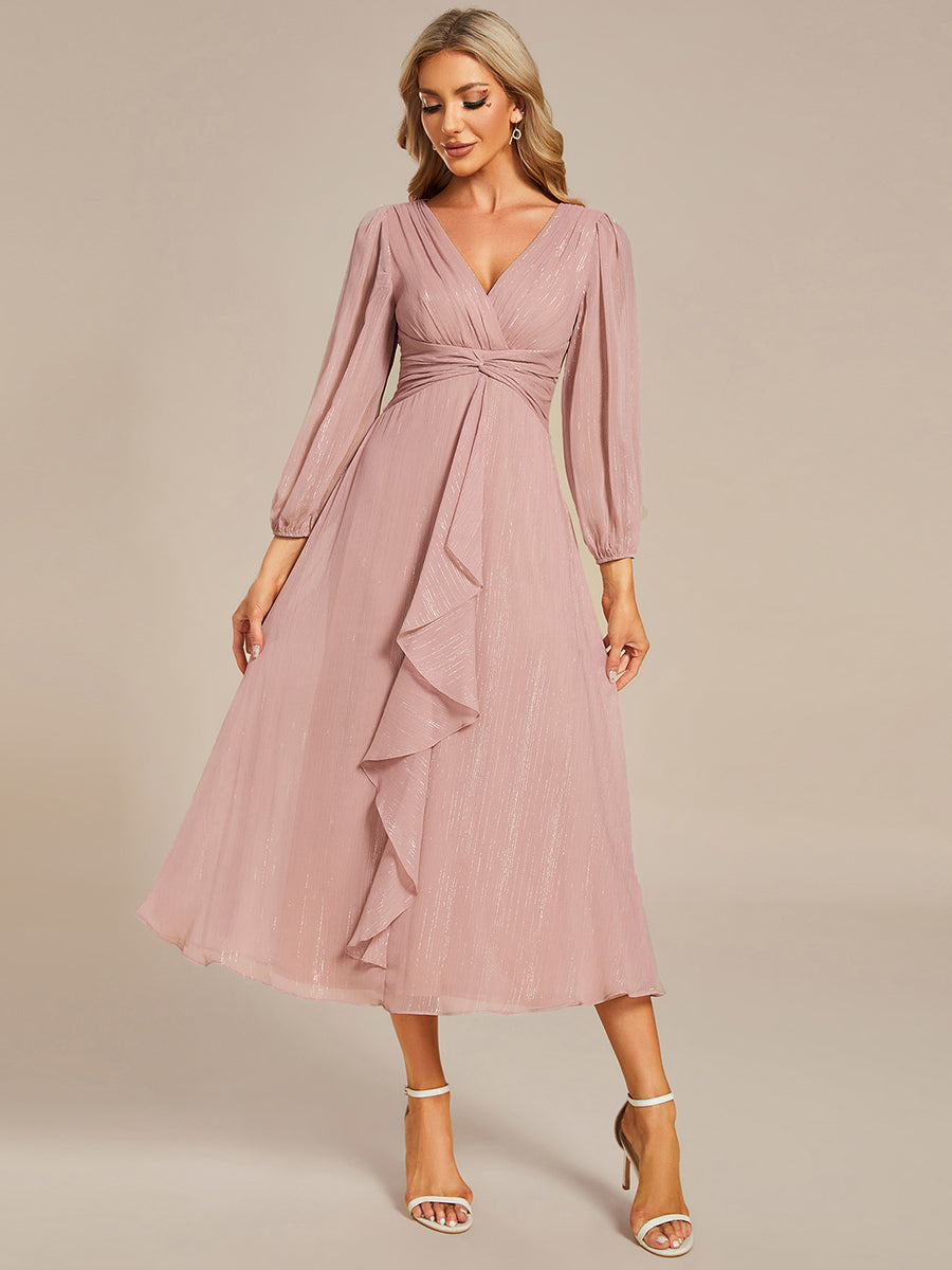 Color=Dusty Rose | Shiny Chiffon Wholesale Wedding Guest Dresses with Long Sleeve-Dusty Rose 3